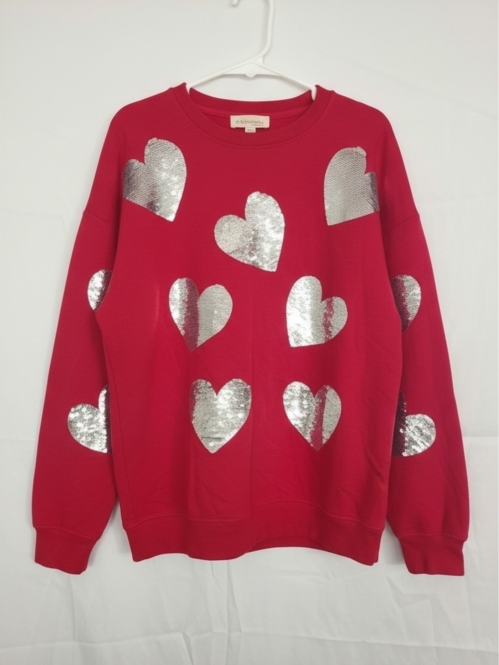 Philosophy Red Crewneck Sweater with Silver Sequin Hearts